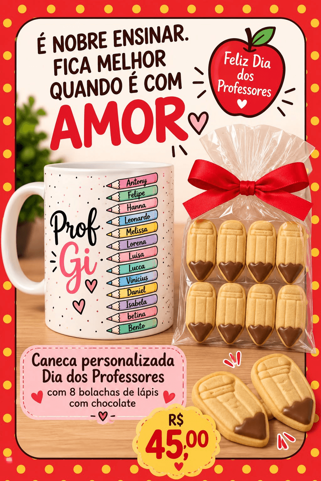Caneca personalizada para o Dia dos Professores com 8 bolachas em formato de lápis com chocolate.